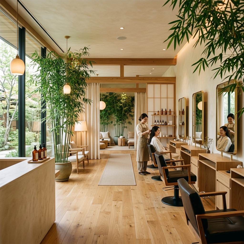 緑の竹に囲まれた美容室店内